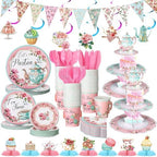 257 Pcs Tea Party Supplies Floral Paper Tea Party Decor, Pink by Skybooly