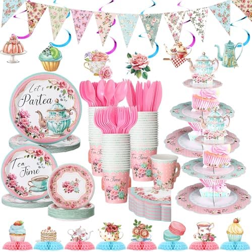 257 Pcs Tea Party Supplies Floral Paper Tea Party Decor, Pink by Skybooly