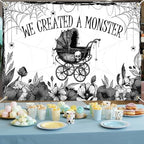 Mocsicka We Created A Monster Backdrop Banner Gothic Skull Spider Web Bat Halloween Monster Baby Shower Party Decorations Photo Booth Props (8x6ft) - Image 2
