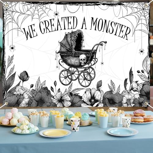 Mocsicka We Created A Monster Backdrop Banner Gothic Skull Spider Web Bat Halloween Monster Baby Shower Party Decorations Photo Booth Props (8x6ft) - Image 2