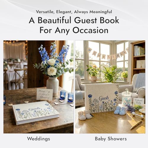 Linen Floral Embroidered Photo Wedding Guest Book - Dusty Blue Guestbook - Image 5