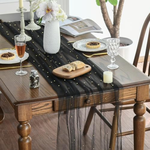 Artoid Mode 10-Pack Pearl Black Gauze Table Runner 10FT Home Decor - Image 2
