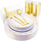 COLOSUS 175PCS Gold Dinnerware Sets, 25 Guests Leaf Stripe Plastic Plates. by COLOSUS