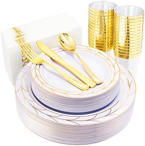 COLOSUS 175PCS Gold Dinnerware Sets, 25 Guests Leaf Stripe Plastic Plates. by COLOSUS
