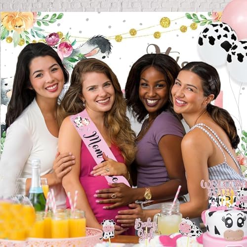 Cow Baby Shower Decorations for Girl, Fiesec Pink Farm Cow Themed Baby Shower Decorations Backdrop Balloon Garland Welcome Baby Banner Tablecloth Cake Topper Box Cutout Mom To Be Sash - Image 7