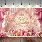 Feliz Cumpleaños Backdrop Pink Gold Balloon Crown Rose Gift Curtain Photo Background Banner for Women Girls Birthday Party Photoshoot 12X10ft - Image 3