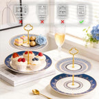 KAMMAK 2-Tier Porcelain Cupcake Stand Serving Tray, Dessert Plates Cake Fruit Candy Display Tower, Reusable Pastry Platter for Wedding Birthday Baby Shower Tea Party Decorations (Blue) - Image 6