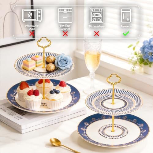 KAMMAK 2-Tier Porcelain Cupcake Stand Serving Tray, Dessert Plates Cake Fruit Candy Display Tower, Reusable Pastry Platter for Wedding Birthday Baby Shower Tea Party Decorations (Blue) - Image 6