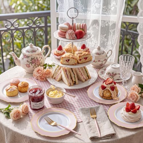 WDF 60pcs Pink Dessert Plates - 7.5inch Baroque Pink and White Disposable Dessert Cute Cake Plates for Upscale Parties &Wedding-Special for Baby Shower, Brithday, Tea Party - Image 2
