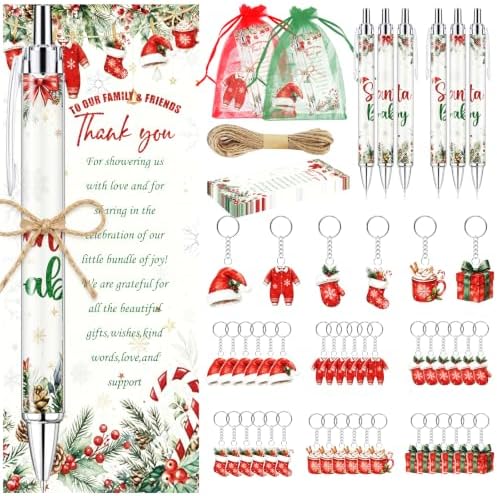 145 Pcs Christmas Santa Baby Shower Favors for Guests, Retractable Ballpoint Pens, Keychains, Thank You Cards, Gift Bags & Twine, Gender Reveal Party Souvenirs, Holiday Baby Shower Prizes Bulk by EYNDYN