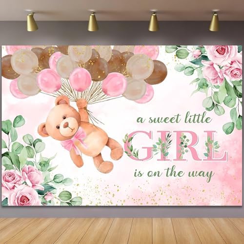 10x6.5ft Pink Bear Baby Shower Backdrop A Sweet Little Girl is On The Way Photography Background Baby Shower Banner for Girl Bear Party Decorations Newborn Photo Props - Image 2