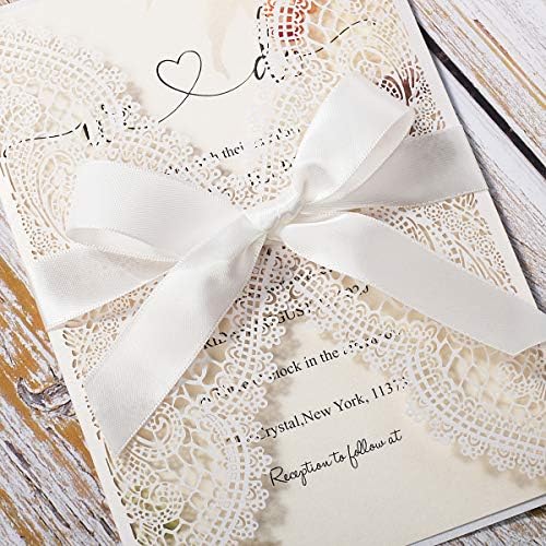 5.12x7.28 Inch 50PCS Blank White Wedding Invitations Kit Laser Cut Hollow Lace Pocket and Bowknot Quinceanera Invitation Cards with Envelopes for Wedding Birthday Invite - Image 5