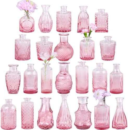TBWIND Pink Glass Bud Vase Set of 24, Small Flower Vases by TBWIND