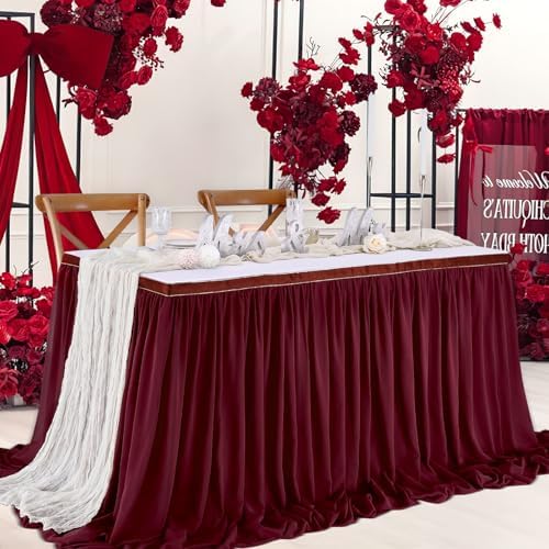 Burgundy Table Skirt for Party：2 Layer Chiffon Table Skirts Rectangle Tables Baby Shower Wedding Birthday Decorations 9FT - Image 6