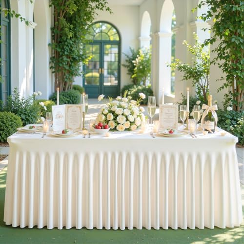 Ivory Table Cloth for 6 Foot Rectangle Tables Fitted Stretch Spandex Table Cover with Skirt 6ft Baby Shower Birthday Party Banquet Ruffle Cream Tablecloth Wedding Table Cloths Desk Skirt, 2 Pack - Image 6