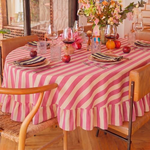 Tudomro Striped Tablecloth, Round, Cedar Rose, Cream, 60'' X 60'' - Image 6