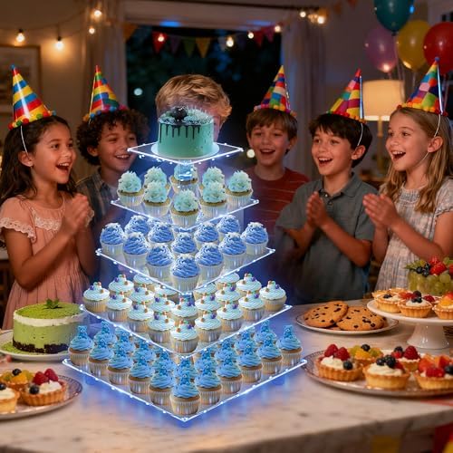 YestBuy 5 Tier Cupcake Stand Acrylic Cupcake Tower Display with LED Light Premium Cupcake Holder Dessert Tree Tower for Birthday Cady Bar Party Décor Weddings, Birthday Parties Events (Blue Light) - Image 3