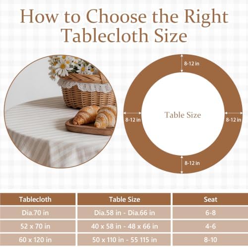 Beige White Striped Ruffle Tablecloth 70" Round Farmhouse Flounces Trim Table Cover for Seat 4-6 for Picnic Dining Kitchen Party Wedding Decor - Image 3