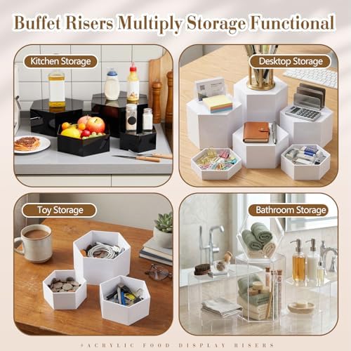 Leinuosen 7 Pcs Large Buffet Risers Set 6" to 12" Acrylic Display Box Catering Dessert Table Riser Food Display Decorative Stand with Hollow Bottom for Catering Supplies (Black, Hexagonal) - Image 5
