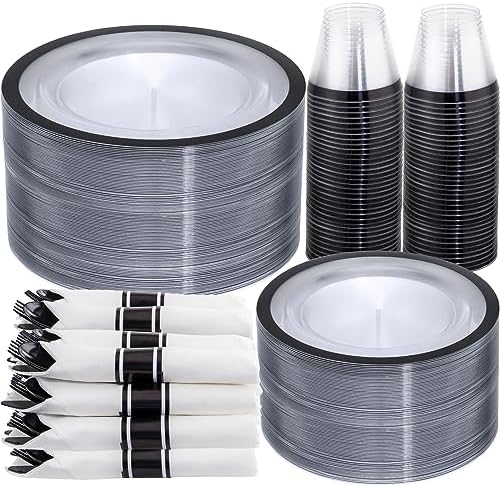 I00000 350Pcs Black Plastic Dinnerware Set,Disposable Plates for 50 Guests by I00000