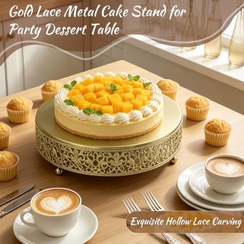14 Inch Luxury Gold Cake Stand, Round Metal Dessert Display with Ornate Filigree Lace, Dual‑Coated Premium Finish for Wedding, Anniversary & Elegant Home Decor - Image 4