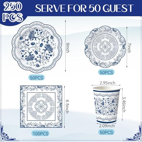 Pickmesh 250 Pcs Chinoiserie Party Supplies Decorations Blue and White Porcelain Disposable Paper Plates Napkins and Cups for Blue White Floral Baby Shower Birthday Wedding Tea Party, Serve 50 - Image 2