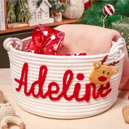Personalized Cute Small Woven Basket with Handles, Custom Cotton Rope Room Shelf Storage Basket, Empty Decorative Gift Basket, Decorative Round Bin for Nursery Bedroom Bathroom (Style F) - Image 5
