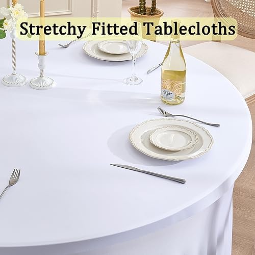 4Pack White Round Spandex Tablecloths for 60 inch Table, Stretchy Wrinkle Free 120inch Fitted 5FT Round Table Cloths Cover with Skirt for Wedding Birthday Party Dining Banquet Events - Image 2