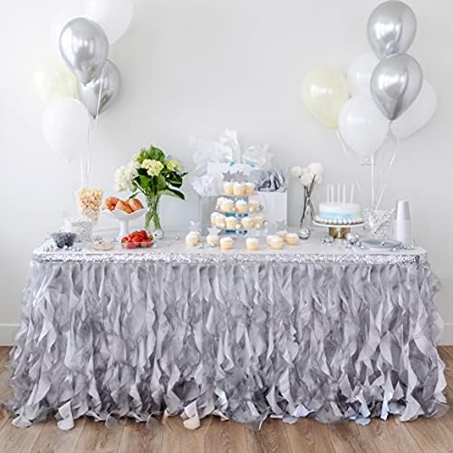 Grey Silver Table Skirt 6ft. Double Organza Two Trims Party Tutu Table Skirt! Rustic Wedding Decorations, Chanel Party, Graduation, Elephant Baby Shower. Table Skirts for Rectangle Tables 6ft by BluekateParty