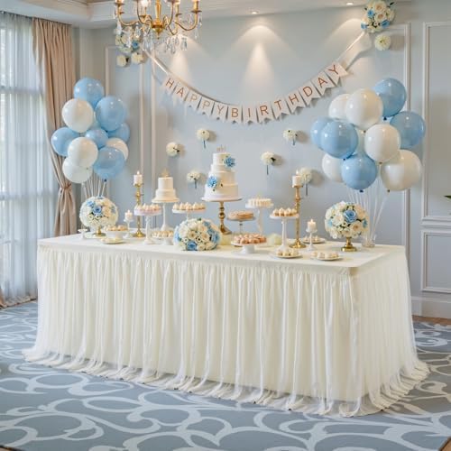 2 Pack Ivory Tablecloth Rectangle 6ft Elastic Fitted Tulle Table Cloth Stretch Spandex Rectangular Table Cover with Ruffle Skirt for Wedding Birthday Baby Shower Party Banquet Dessert Table Decor - Image 4