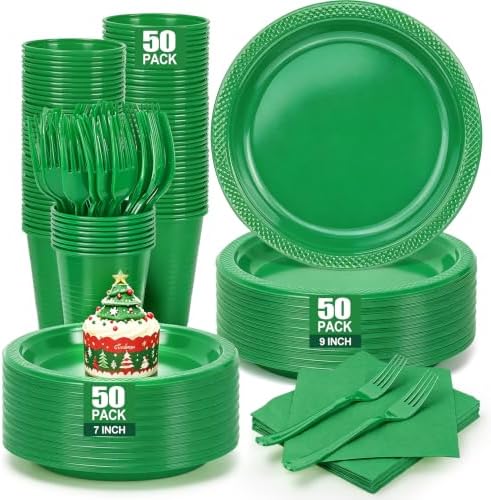 250Pcs Green Plastic Party Plates and Napkins Set for Halloween, Christmas by UseOnceDoneRight