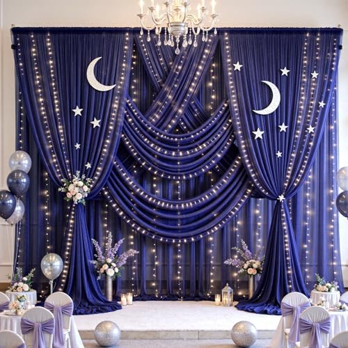 10x10ft Navy Blue Tulle Backdrop Curtains with Lights String for Parties,Wrinkle Free Sheer Curtain with Lights Wedding Photo Backdop Drapes for Baby Shower Birthday Party Photography Home Decorations - Image 7
