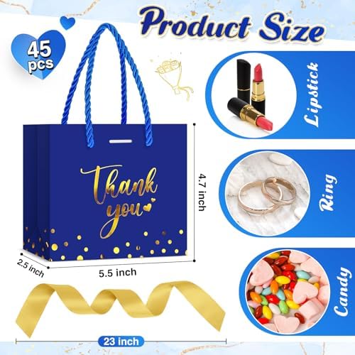 Jetec 45 Pcs Mini Thank You Gift Bag with Handle, Royalblue/gold - Image 3