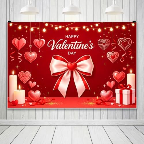 15x10ft Valentines Day Backdrop Happy Valentines Day Background Red Heart Bow Candle Gift Party Decorations Romantic Photo Booth Banner for Wedding Anniversary Date Night Birthday Photoshoot - Image 2