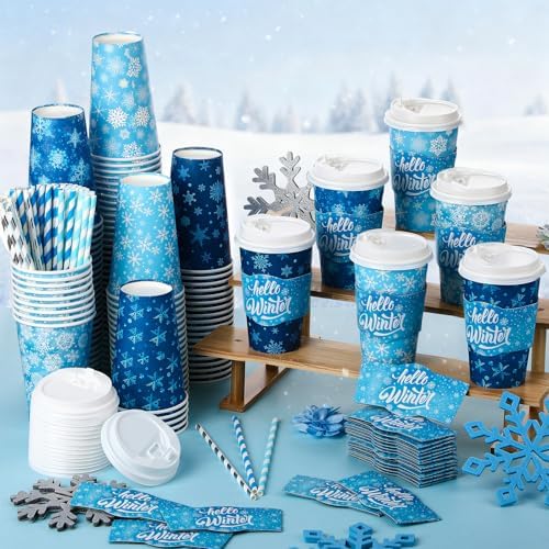 Jingmore 48 Sets 16oz Disposable Paper Coffee Cups with Lids Sleeves Straws Holiday Paper Drinking Cups Bulk for Hot Cold Beverages Home Business Cafe Birthday Party Supplies (Snowflake) - Image 4