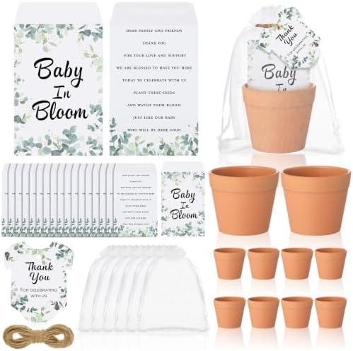 Ctosree 50 Sets Eucalyptus Leaf Baby in Bloom Baby Shower Seed Packets Favors for Guests Include Self Adhesive Seed Packets (No Seeds) Clay Plastic Flowerpot Thank You Tags Hemp Rope Organza Gift Bags by Ctosree