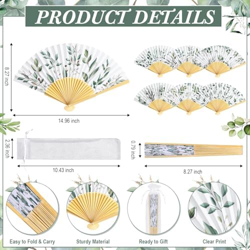 Briwooody 48 Set Eucalyptus Leaf Hand Folding Fans with Organza Bags Bulk Greenery Wedding Favors for Guests Boho Green Leaf Paper Fan for Bridal Shower Supplies Bridesmaid Gifts Party Decorations - Image 2