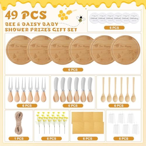 6 Sets Bee Baby Shower Prizes for Game Winners, Round Bamboo Cheese Board Gift Set with Yellow Daisy Towel Tag for Bridal Shower Wedding Guest Favors - Image 2