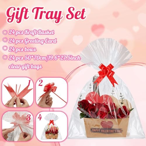 Kolldenn 24 Set Valentine's Day Empty Gift Basket to Fill Kraft Red Heart Bouquet Box with Handles Pull Bows Cellophane Bags and Card for Valentine Party Favor Supplies, 9.8 x 6.5 Inch - Image 3