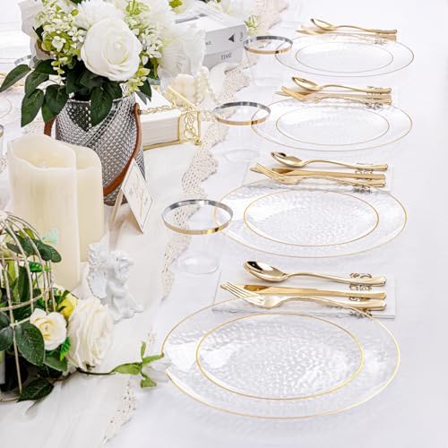 Rubtlamp 175 Pcs Plastic Dinnerware Set (25 Guests), Clear And Gold Plastic Plates, Hammered Party Plates Include Dinner Platos, Dessert Platos, Cups, Gold Cutlery Set And Napkins for Party - Image 6