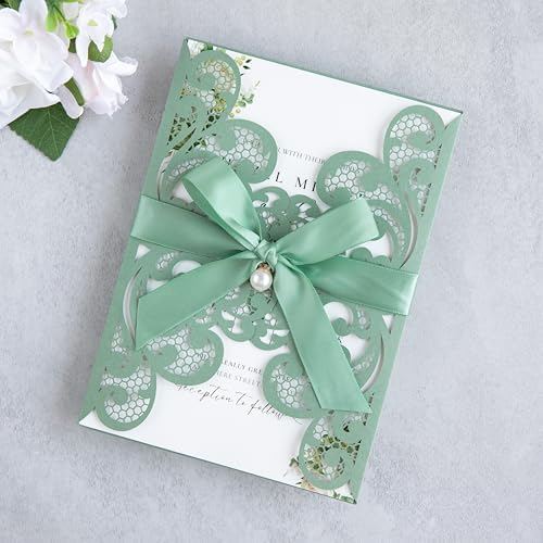 20Pcs Sage Green Laser Cut Wedding Invitation Cards With Envelopes - Image 2