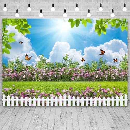 15x8ft Spring Backdrop Blue Sky White Cloud Photography Background Green Grass Flowers Butterfly Garden Fence Wedding Party Banner Decorations Birthday Baby Shower Portrait Photo Booth Prop - Image 3