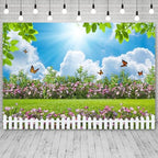 12x6ft Spring Backdrop Blue Sky White Cloud Photography Background Green Grass Flowers Butterfly Garden Fence Wedding Party Banner Decorations Birthday Baby Shower Portrait Photo Booth Prop - Image 3