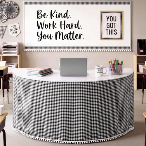 Tudomro Teacher Desk Skirt Table, Tassel, 9ft, Black and White Gingham by Tudomro