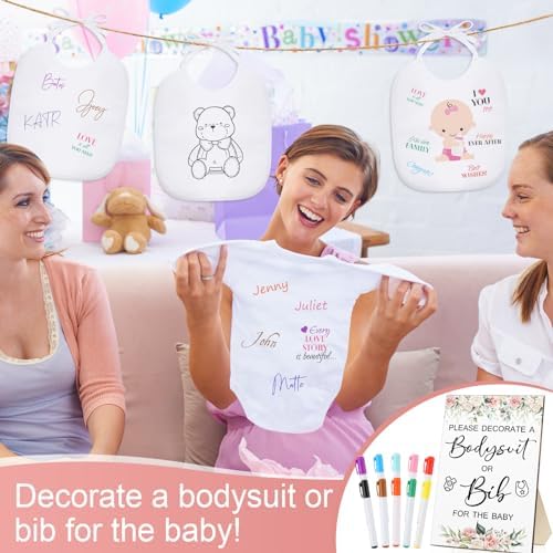 Roowest 35 Pcs Baby Shower Bibs Game with Bib Bodysuit Marker, Flower - Image 7