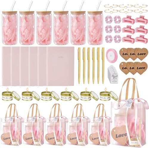68Pcs Baby Shower Prizes for Game Winners Gifts Wedding Bridal Shower Gifts Including Glass Cans Notebooks Soy Candles Hair Clips for Baby Shower Wedding Bridal Shower Game Prizes (Pink, 6 Sets) by Rigibright