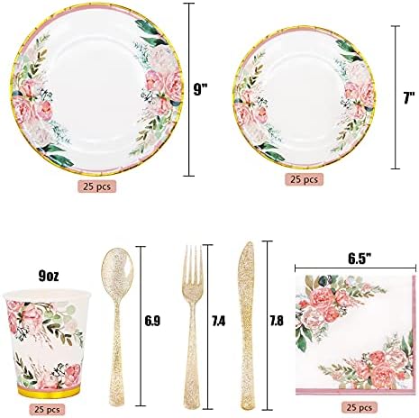 Floral Party Supplies - Bridal Shower Paper Plates & Napkins Set for 24 Guests - Disposable Dinnerware: Plates, Cups, Cutlery for Baby Shower, Tea Party - Image 4