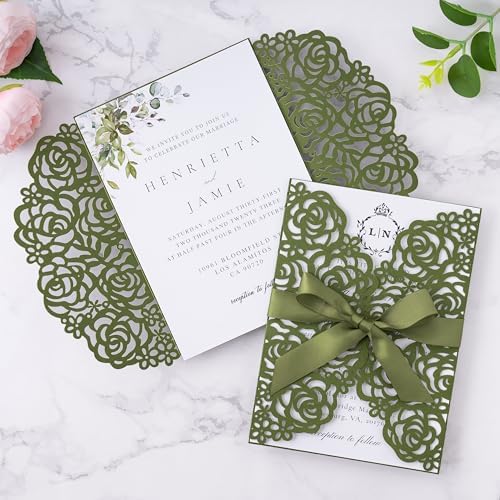 ponatia 25PCS Olive Green Laser Cut Invitations Cards with Envelopes - Image 5