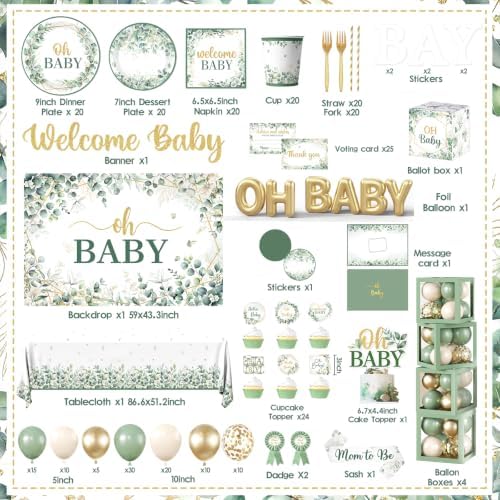 286Pcs Sage Green Baby Shower Decorations Kit, Gender Neutral Party Supplies with Balloon Arch, Backdrop, Plates, Napkins, Sash, Letter Boxes, Tablecloth, Serves 20 - Image 6