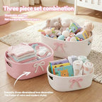 3Pcs Pink Bow Baskets , Coquette Woven Cotton Rope Storage Baskets with Handles, Cute Ribbon Decorative Laundry Hamper Bins for Nursery, Shelf, Makeup, Diaper, Baby Shower Nesting Organizer - Image 2